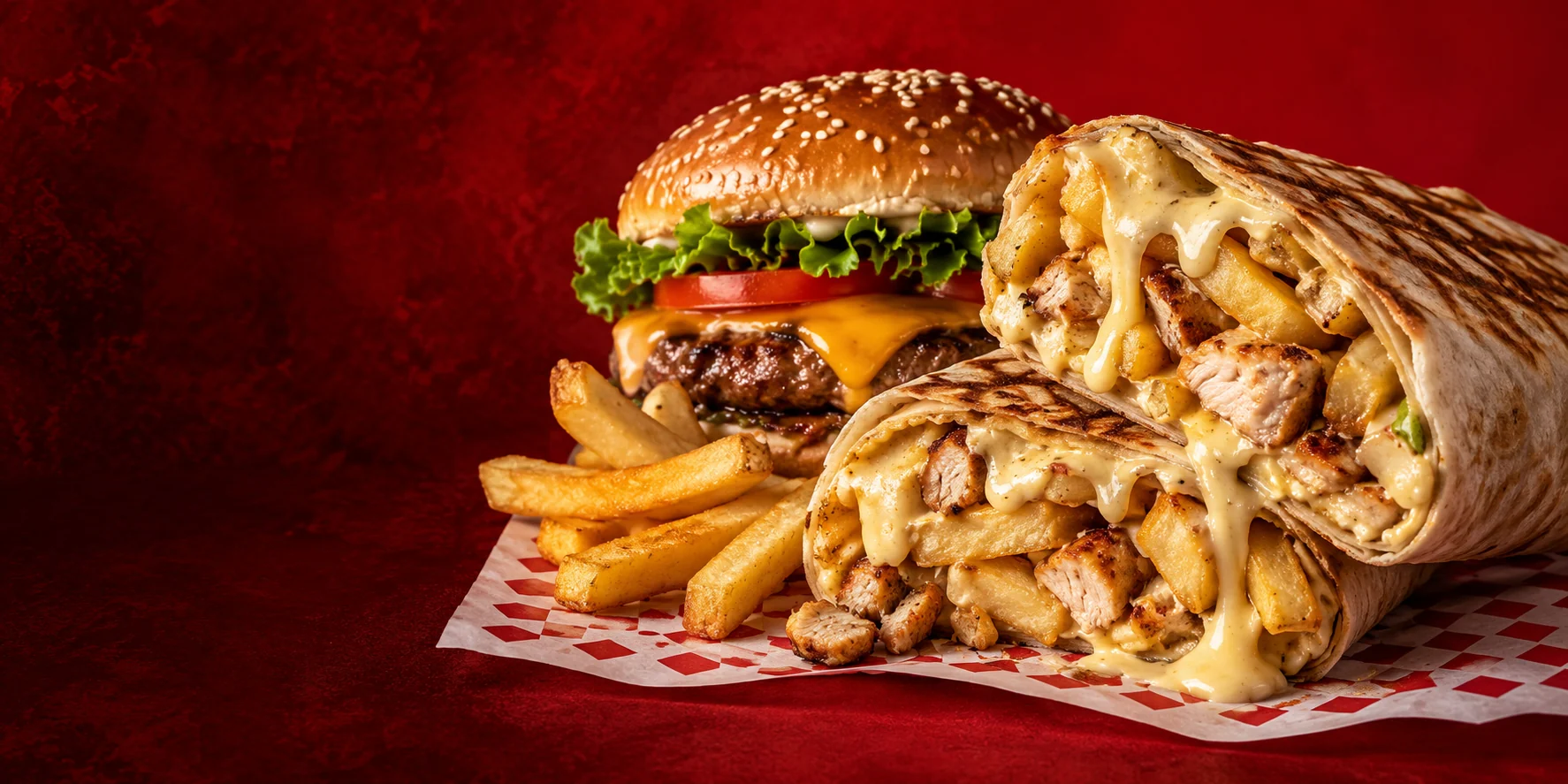 Illustration gourmande de tacos français, cheeseburger et frites O’Délice