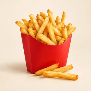 Portion de frites dorées dans un cornet rouge O’Délice